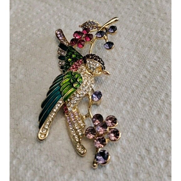Unbranded Jewelry - "Bird Swallow On Branch Brooch"  Enamel & Rhinestone Multi Color 4" Long 2" Wide